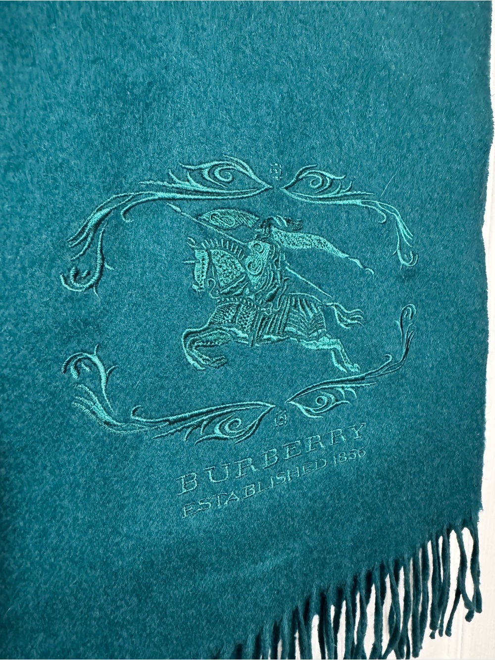 Burberry Teal Embroidered Crest Cashmere Scarf